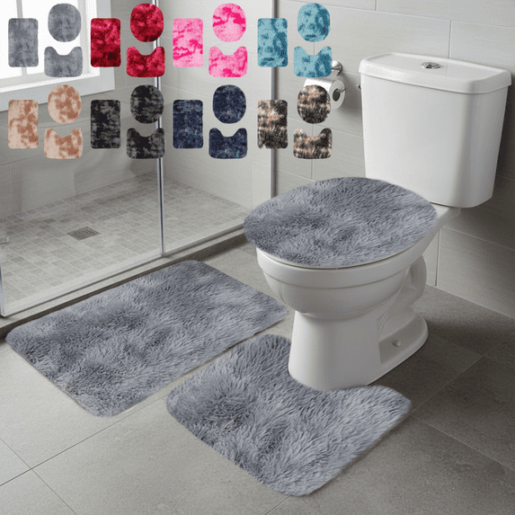 Jublupo 3Pcs Bathroom Rugs Sets Fluffy Plush Microfiber Non Slip Tie Dye U Shaped Contour Bath Mat Absorbent Washable Quick Dry Bathroom Mats