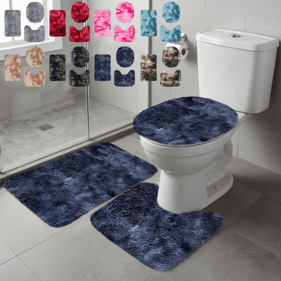 Jublupo 3Pcs Bathroom Rugs Sets Fluffy Plush Microfiber Non Slip Tie Dye U Shaped Contour Bath Mat Absorbent Washable Quick Dry Bathroom Mats
