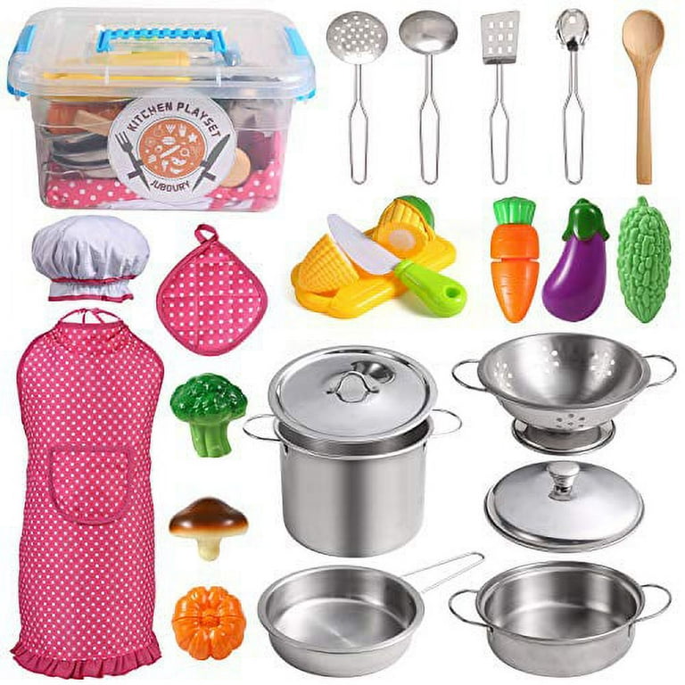 Juboury Kitchen Pretend Play Toys with Stainless Steel Cookware Pots and Pans Set Cooking Utensils Apron Chef Hat Cutting Vegetables for Kids Girls