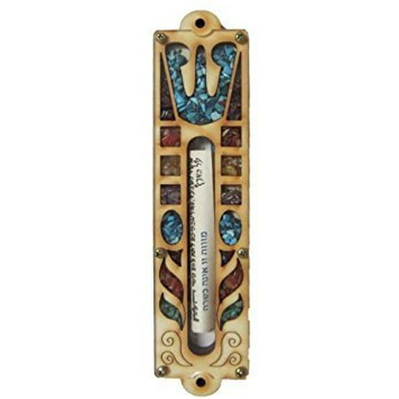 Judaica Jewish Mezuzah Wood Shin with Stones and Scroll By Matiel