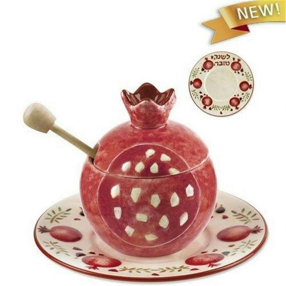 Judaica Kingdom AVJ-85026-Honey-Pot Jewish New Year - Rosh HaShana - Scarlet Garden Honey Pot and Saucer