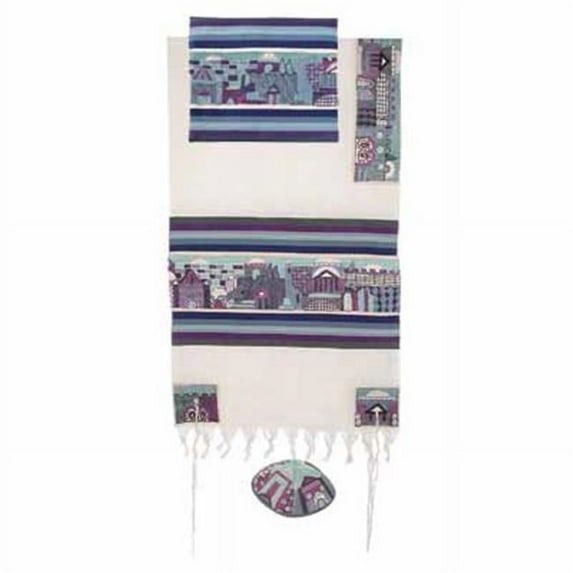 Judaica Kingdom YE-TFE-3-1 Hand Embroidered Cotton - Embroidered Cotton Tallit Jerusalem in blue Small - 21'' X 77''
