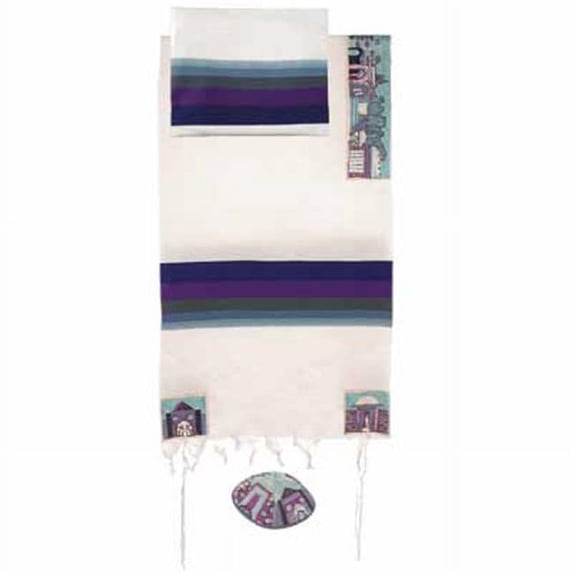 Judaica Kingdom YE-THE-2-4 Hand Embroidered Cotton - Embroidered Cotton Tallit Jerusalem in blue Extra Large - 61'' X