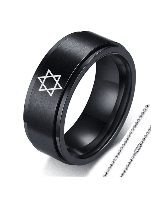Judaism Star of David Stainless Steel Men's Spinner Ring with Necklace Chain, Religious Israel Jewish Magen David Star Rotatable Anti Anxiety Fidget Relieving Finger Ring, Black, Size 12