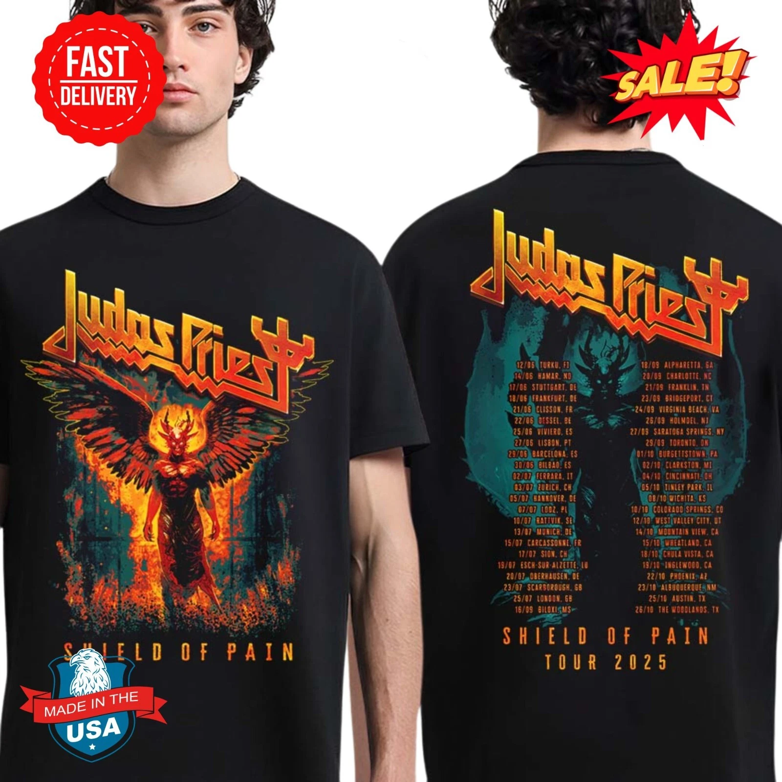 Judas Priest Shield Of Pain Tour 2025 Winged Demon Two Sided