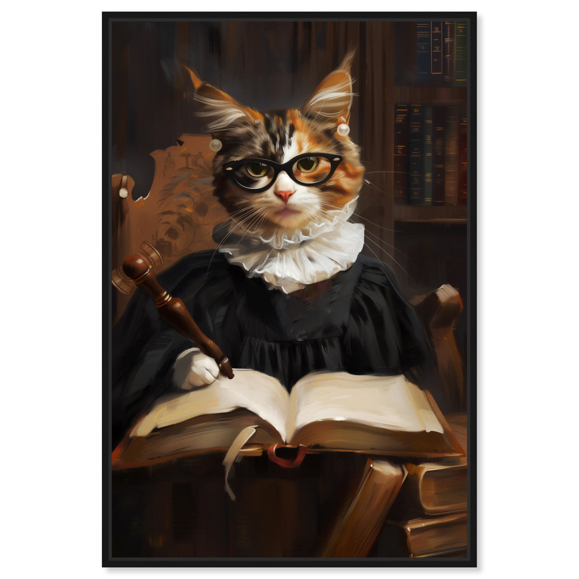 Judge Kitty Canvas Quirky Cat Art Prints By Notoriart, Black Frame, 36