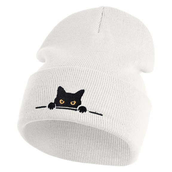Judging Cat Logo Embroidered 12 Cuff Long Beanie - White OSFM