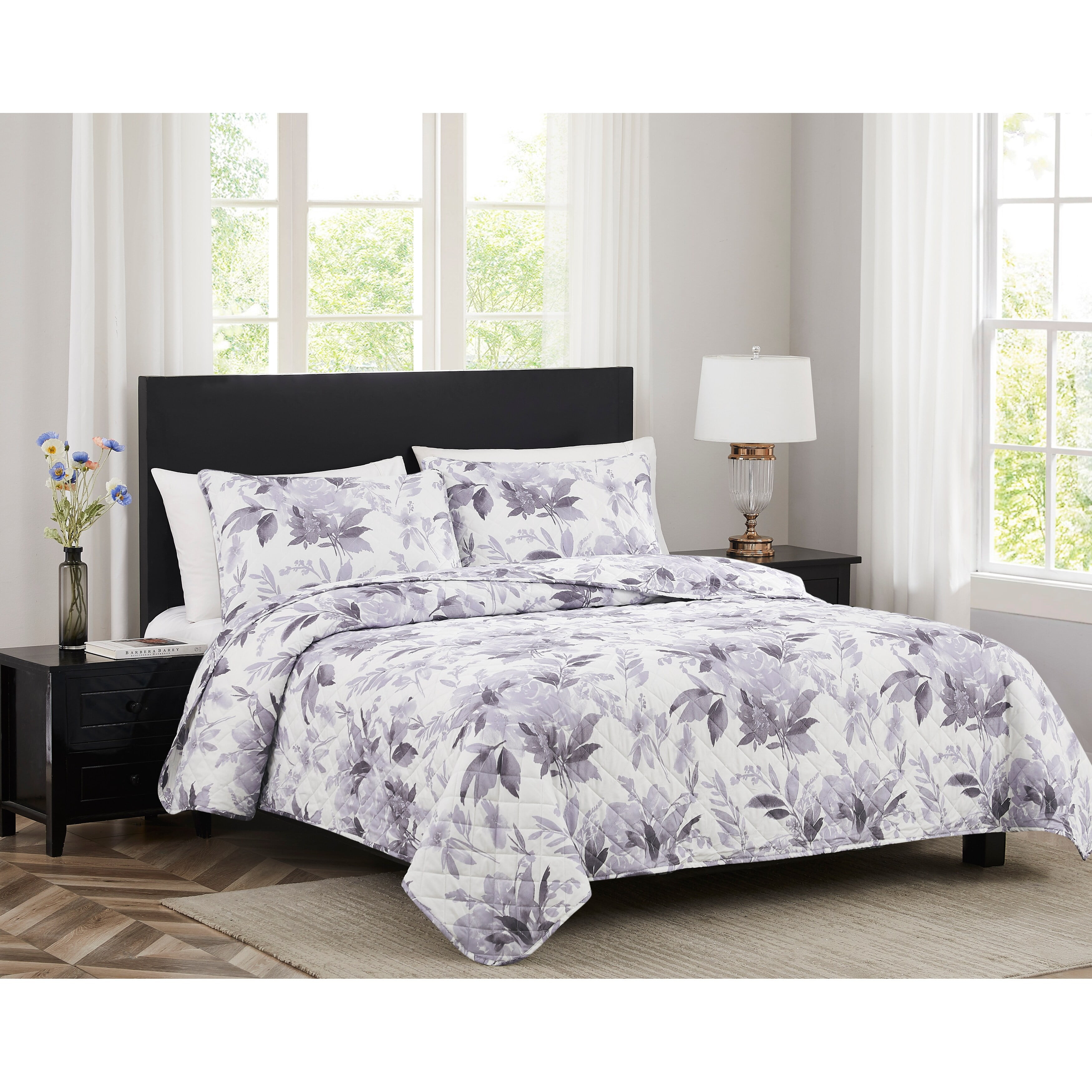 Gray Floral Microfiber Queen Quilt Set with Shams