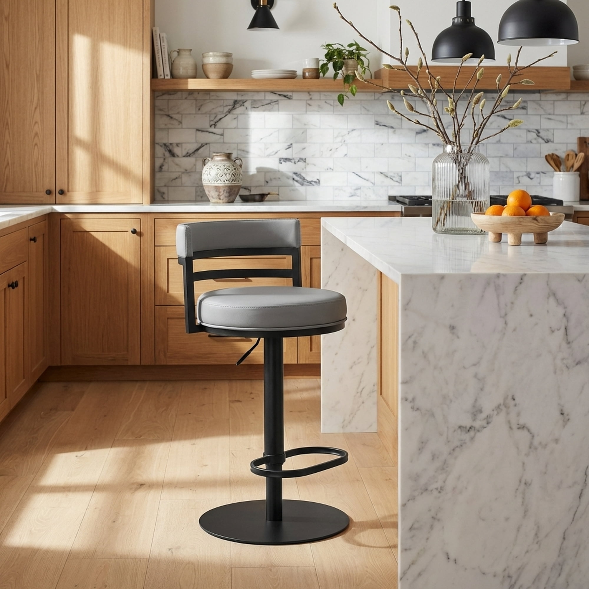 Judi Modern Industrial Swivel Metal Adjustable Height Barstool With Faux Leather Seat