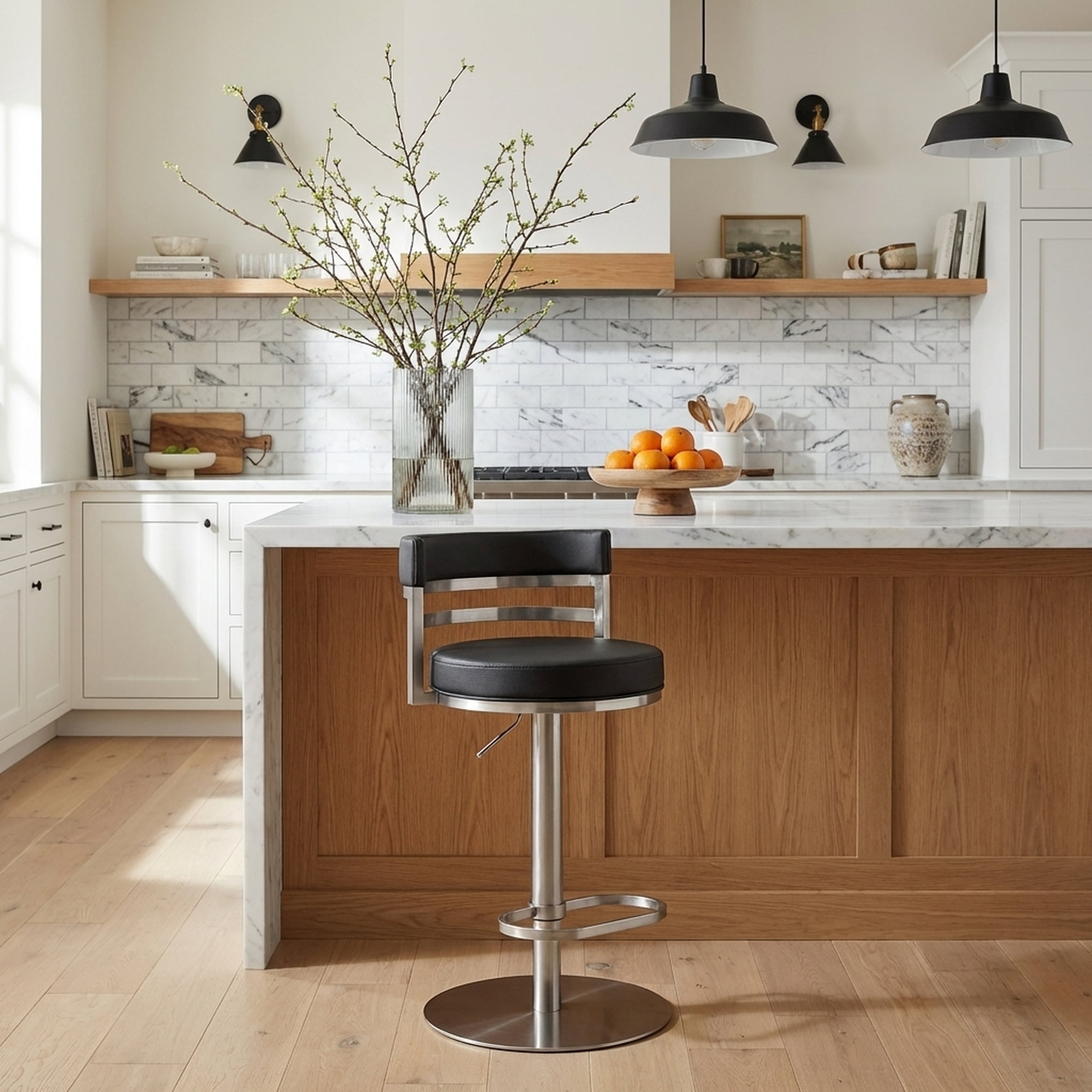 Judi Modern Industrial Swivel Metal Adjustable Height Barstool With Faux Leather Seat