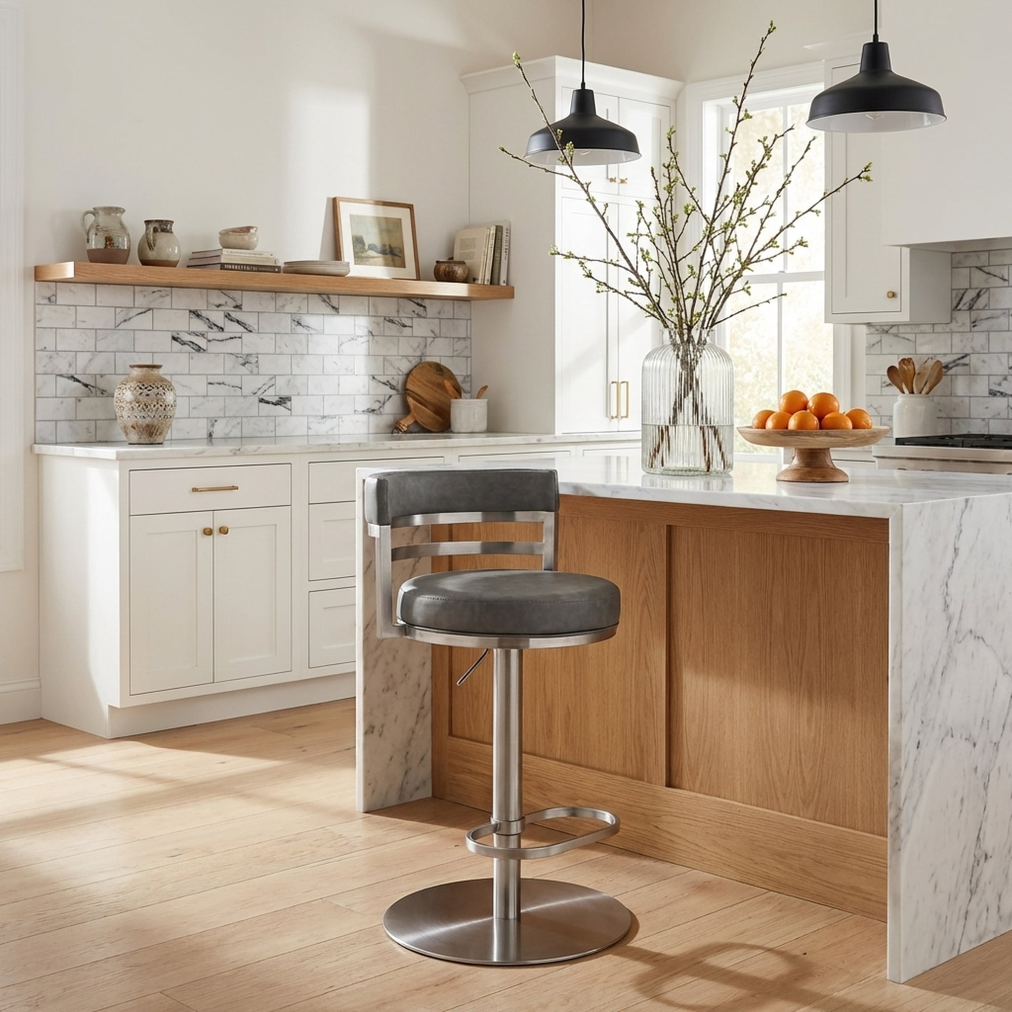 Judi Modern Industrial Swivel Metal Adjustable Height Barstool With Faux Leather Seat