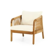 Judland Acacia Wood and Wicker Outdoor Club Chair with Cushions, Teak, Light Brown, and Beige