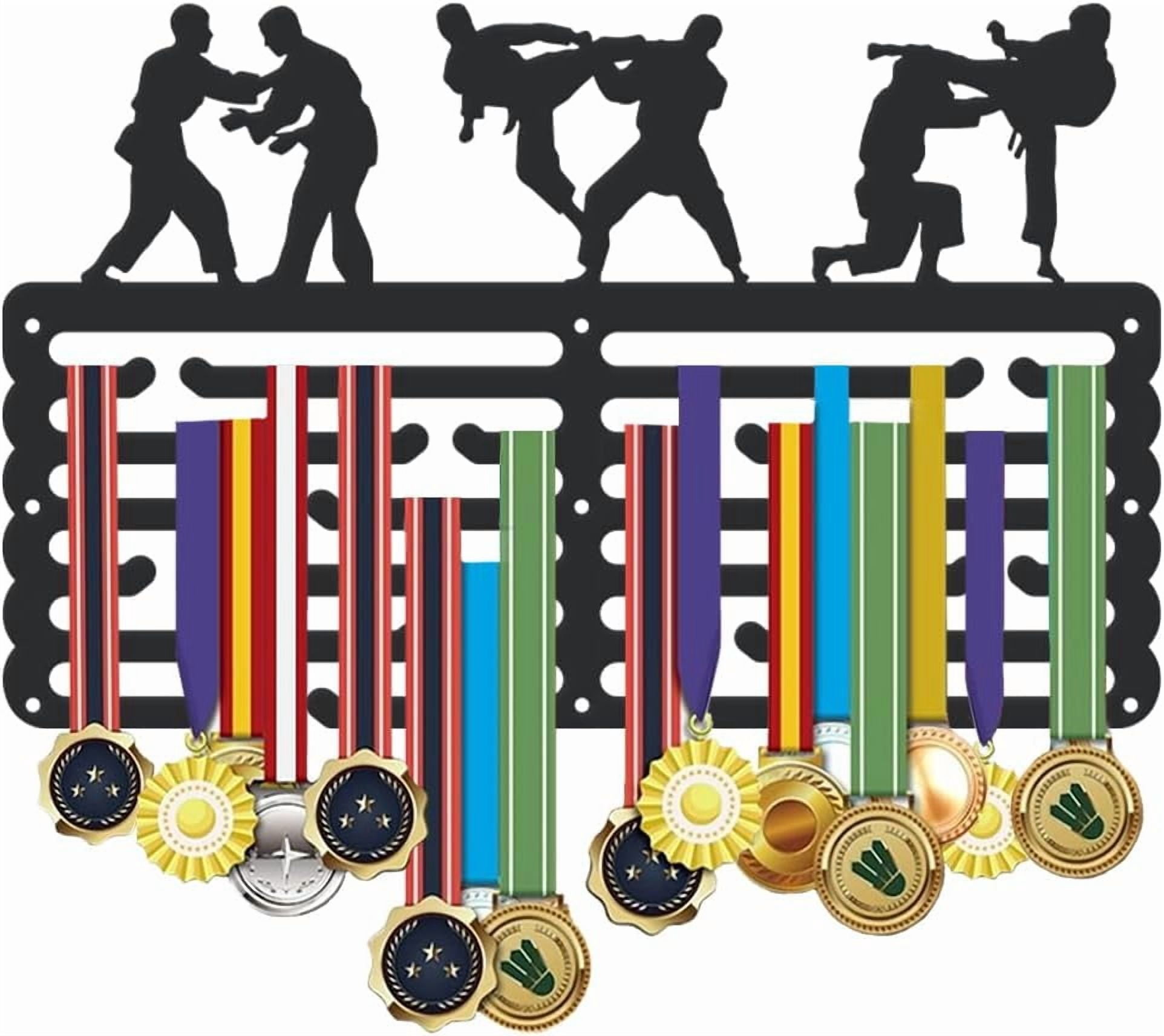 Judo Medal Hanger Display Sports Medal Holder Award Metal Medal Organizer Ribbon Rack Wall Mounted Race 6 Rows 24 Hangers Non-Slip Iron Ribbon Hooks for Athletes Players Gifts Colorful