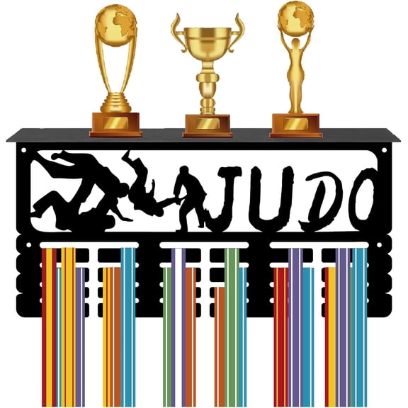 Judo Medal Holder Sports Trophy Shelf with 24 Hooks Metal Medal Hanger Display DIY for Wall Mount Decor Hanging 70+ Medals Rack with Shelf DIY for Awards Ribbons Race Medalists 15.7x8x4 Inch