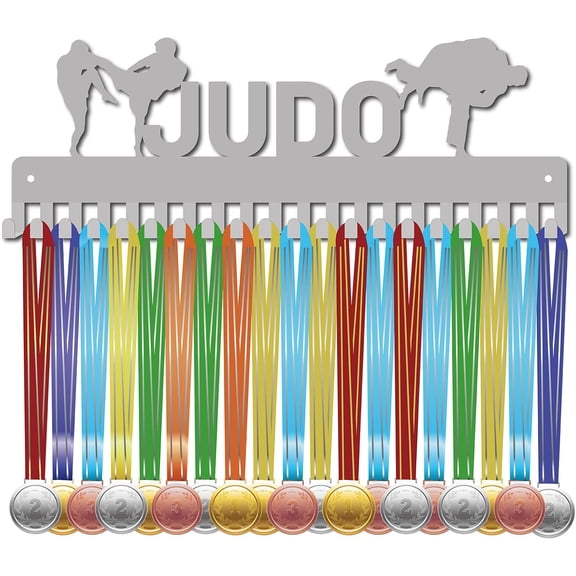 Judo Metal Medals Holder Judokas Medals Display Hanger Rack Sports Athlete Awards Wall Mount Decor Frame with 20Pcs Hooks Winner Gifts for Gymnastics Runner Running Silver 15.7X 5.5 Inch Silver
