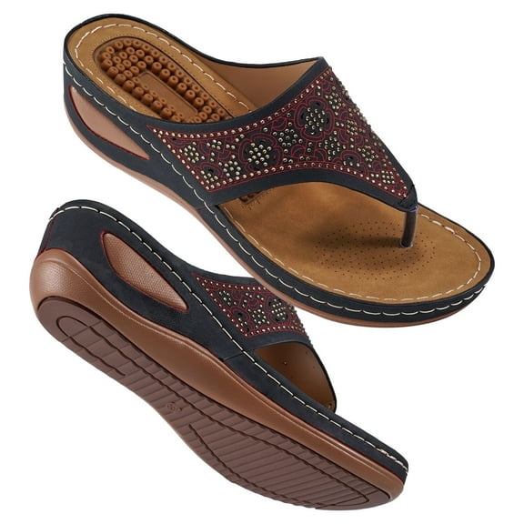 Ecetana Womens Sandals Flip Flops for Women with Arch Support Cushion Summer Casual Rhinestone Wedge Sandal Shoes Massage Function