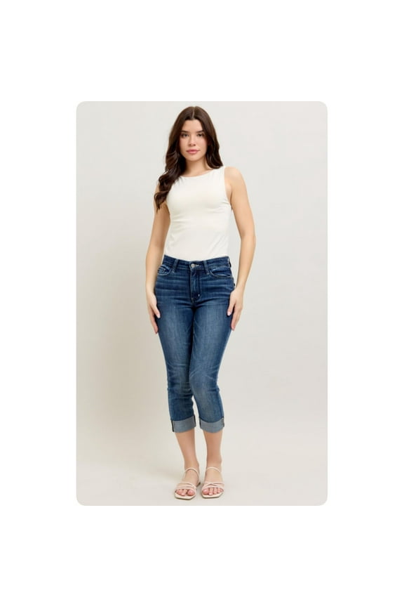 Judy Blue Dark Wash Cuffed Capris-Summer Comfort