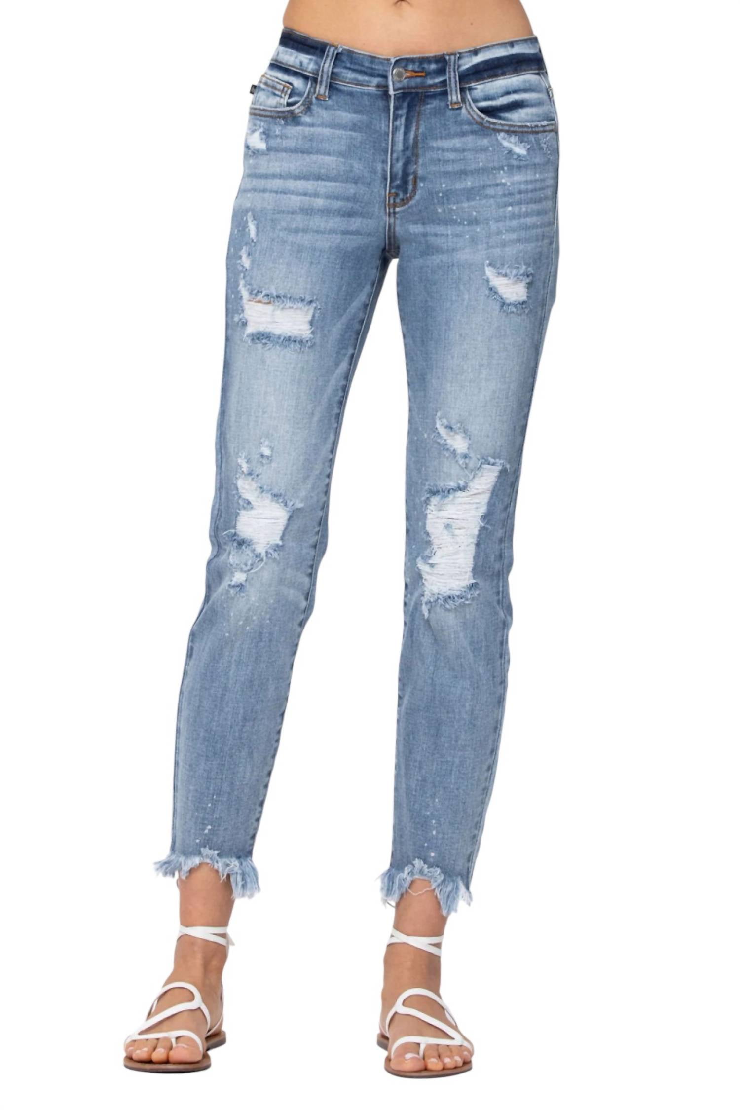 Judy Blue Destroyed Hem Bleach Splash Boyfriend Jeans