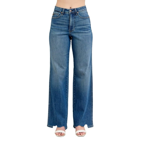 Judy Blue Full Size High Waist Tummy Control Chew Hem Destroy Wide Jeans Plus Size