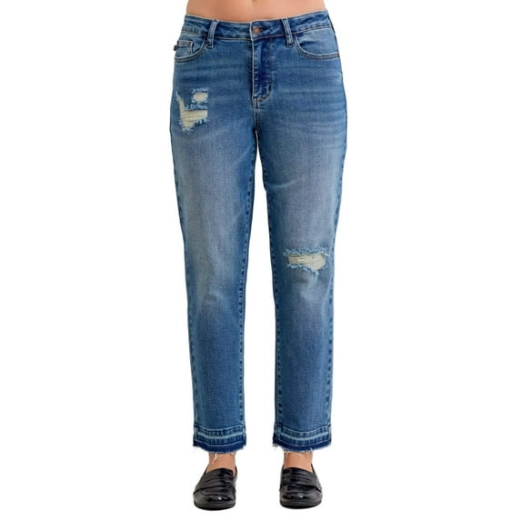 Judy Blue Full Size Mid Rise Bf Patch Repair Destroy Release Hem Jeans Plus Size