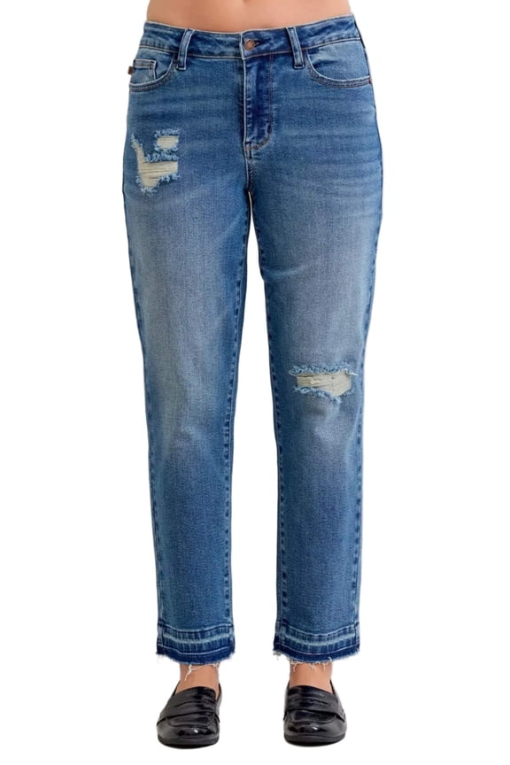 Judy Blue Full Size Mid Rise Bf Patch Repair Destroy Release Hem Jeans Plus Size