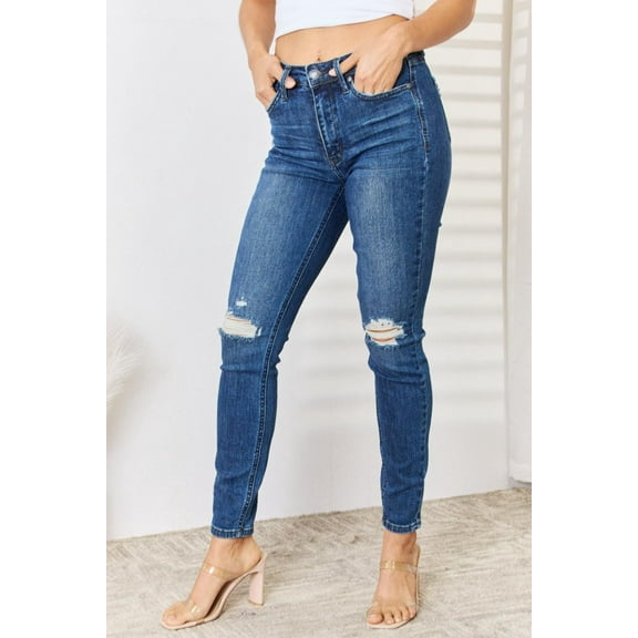 Judy Blue Full Size Mid Waist Distressed Slim Fit Trendy Look Jeans - Rosa Apparel