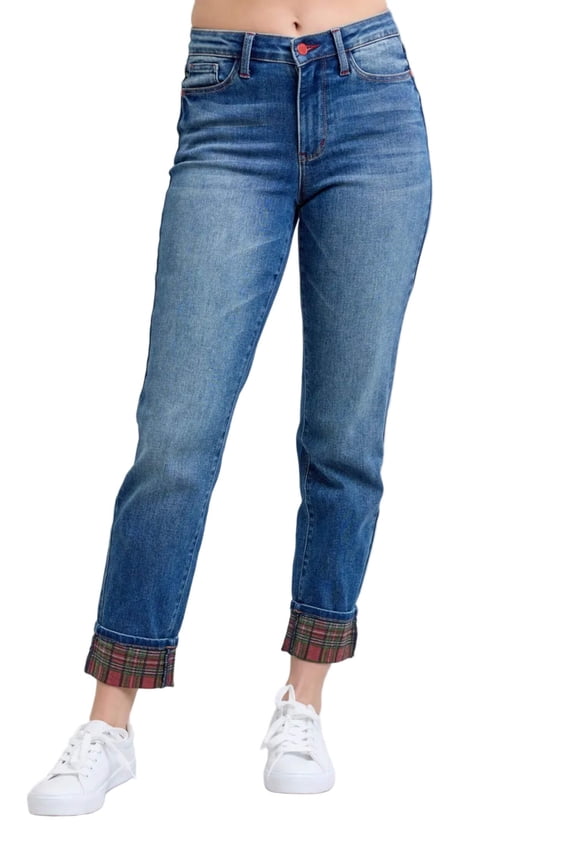 Judy Blue Full Size Plaid Print Cuff Straight Leg Jeans with Pockets