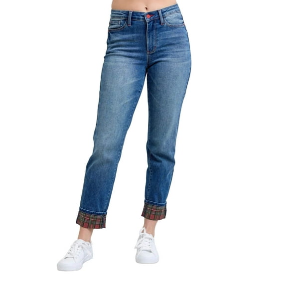 Judy Blue Full Size Plaid Print Cuff Straight Leg Jeans with Pockets