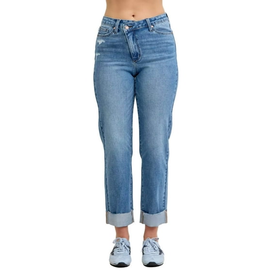 Judy Blue High Waist Bf Criss-cross Mild Destroy Jeans with Single Cuff