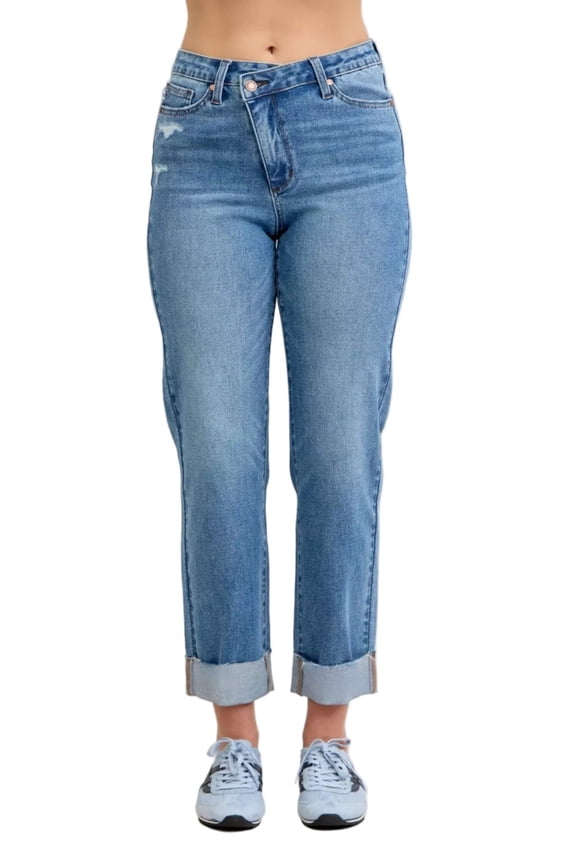 Judy Blue High Waist Bf Criss-cross Mild Destroy Jeans with Single Cuff