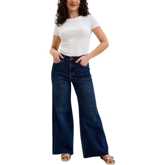 Judy Blue High Waist Dark Wash Retro Wide Leg Jeans – Adjustable Waist Tabs & Raw Hem, Petite 29” Inseam