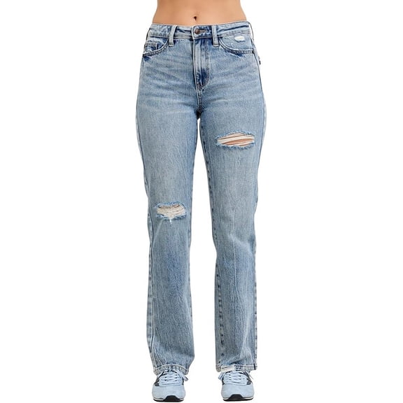 Judy Blue High Waist Light Wash Rigid Magic Slim Straight Jeans, Inseam 32"