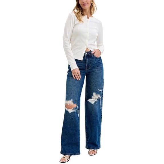 Judy Blue High Waist Rigid Magic Column Straight Jeans – Destructed Dark Wash with Adjustable Waist Tabs, 33” Inseam