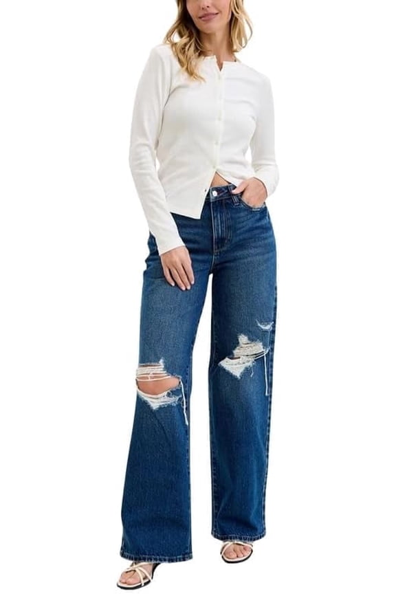 High Waist Rigid Magic Column Straight Jeans – Destructed Dark Wash with Adjustable Waist Tabs, 33” Inseam