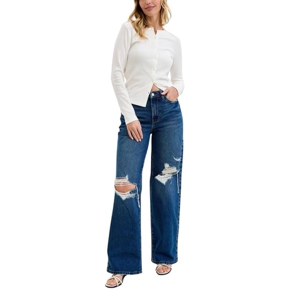 Judy Blue High Waist Rigid Magic Column Straight Jeans – Destructed Dark Wash with Adjustable Waist Tabs, 33” Inseam