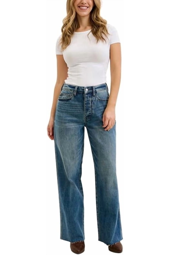 High Waist Vintage Indigo Wilhelmina Baggy Jeans – Rigid Magic Denim, Raw Hem, Relaxed Wide Leg Fit