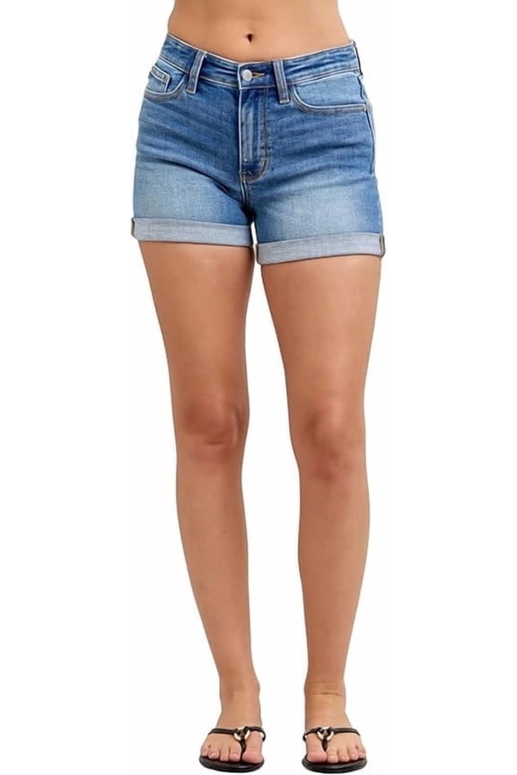 Mid Rise Cuffed Slim Denim Shorts