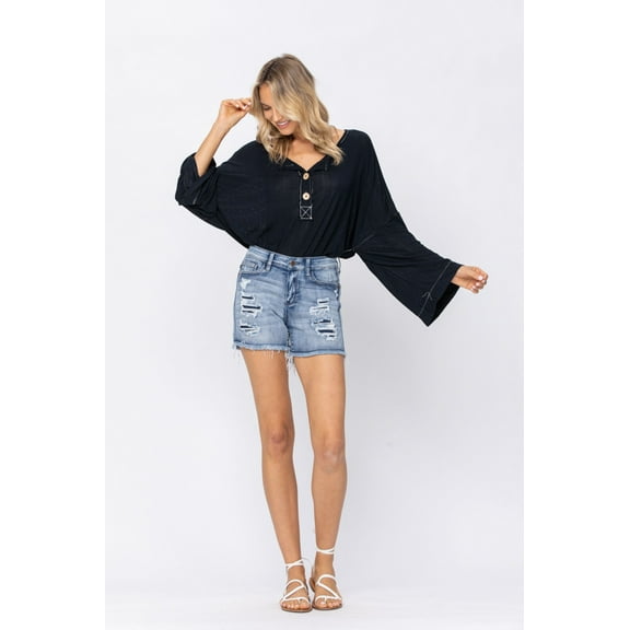 Judy Blue Mid Rise Cut Off Distressed Shorts with Patches