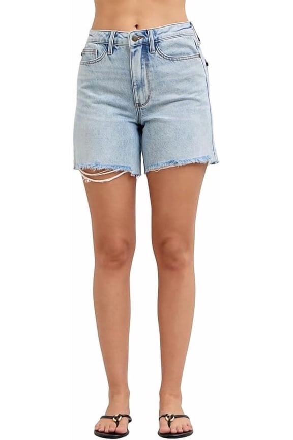 Mid Rise Dad Shorts – Rigid Magic Denim, Light Wash, Raw Hem, Cell Phone Pocket, Summer Casual Relaxed Fit