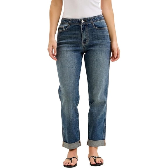 Judy Blue Mid Rise Dark Wash Boyfriend with Adjustable Back Tab and Hollywood WaistBand Jeans