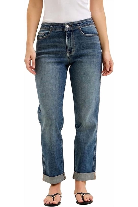 Mid Rise Dark Wash Boyfriend with Adjustable Back Tab and Hollywood WaistBand Jeans
