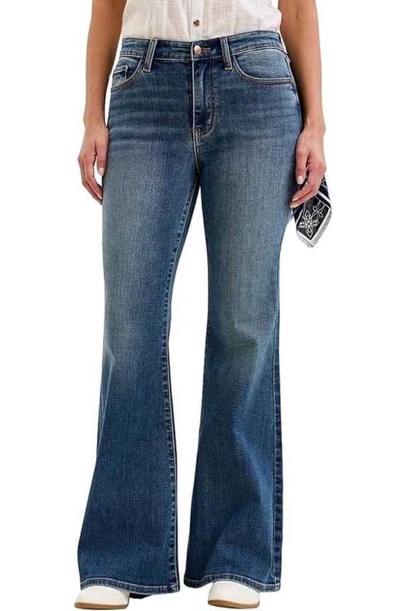 Mid Rise Medium Wash Flare Jeans with Bandana Loops