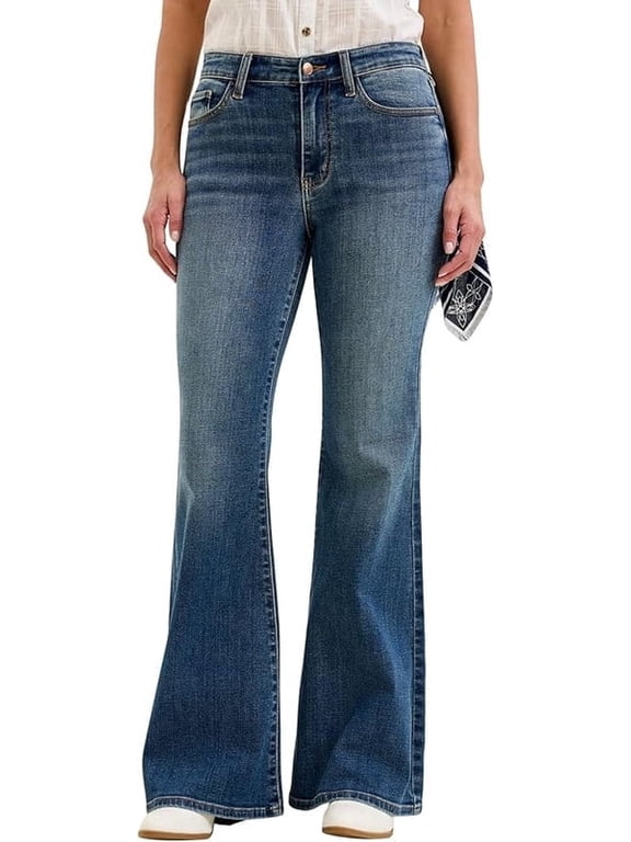 Mid Rise Medium Wash Flare Jeans with Bandana Loops