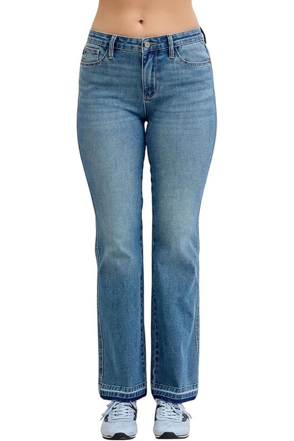 Mid Rise Slim Bootcut Tummy Control Jeans with Release Hem Stretch Denim, Inseam 32"