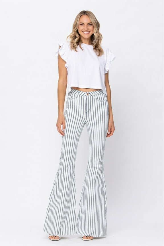 Plus Size High Waist Pin Striped Super Flare Jeans