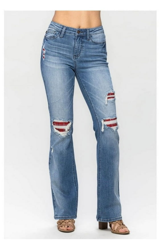 Plus Size Mid Rise Plaid Patch Detail Bootcut Jeans
