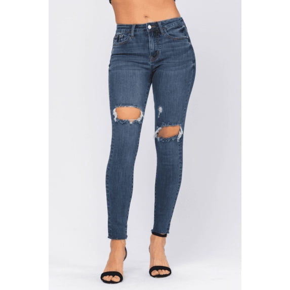 Judy Blue Womens Destroyed Knee Mid Rise Denim Skinny Jeans (15/32)