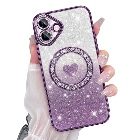 Jueaes for iPhone 14 Plus Case Magnetic, Compatible with Magsafe Glitter Bling Diamond Plating Camera Protection Phone Case with Screen Protector for Girls Women, Purple