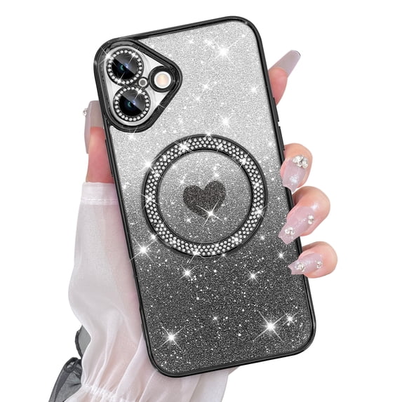 Jueaes for iPhone 15 Case Magnetic, Compatible with Magsafe Glitter Bling Diamond Plating Camera Protection Phone Case with Screen Protector for Girls Women, Black