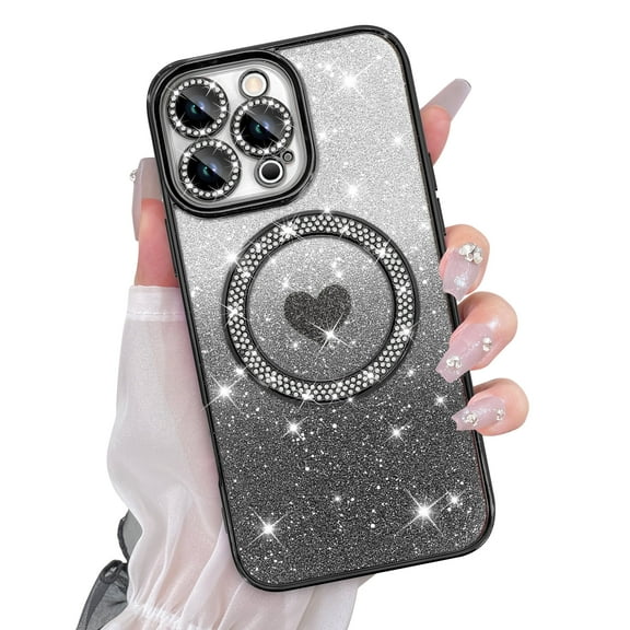 Jueaes for iPhone 16 Pro Max Case Magnetic, Compatible with Magsafe Glitter Bling Diamond Plating Camera Protection Phone Case with Screen Protector for Girls Women, Black
